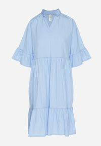 Born2be - Jasnoniebieska Sukienka Rozkloszowana z Wiskozą Ozdobiona Falbanami Eviriane. Okazja: na co dzień. Typ kołnierza: dekolt w serek. Kolor: niebieski. Materiał: wiskoza. Wzór: aplikacja. Typ sukienki: proste. Styl: casual #4