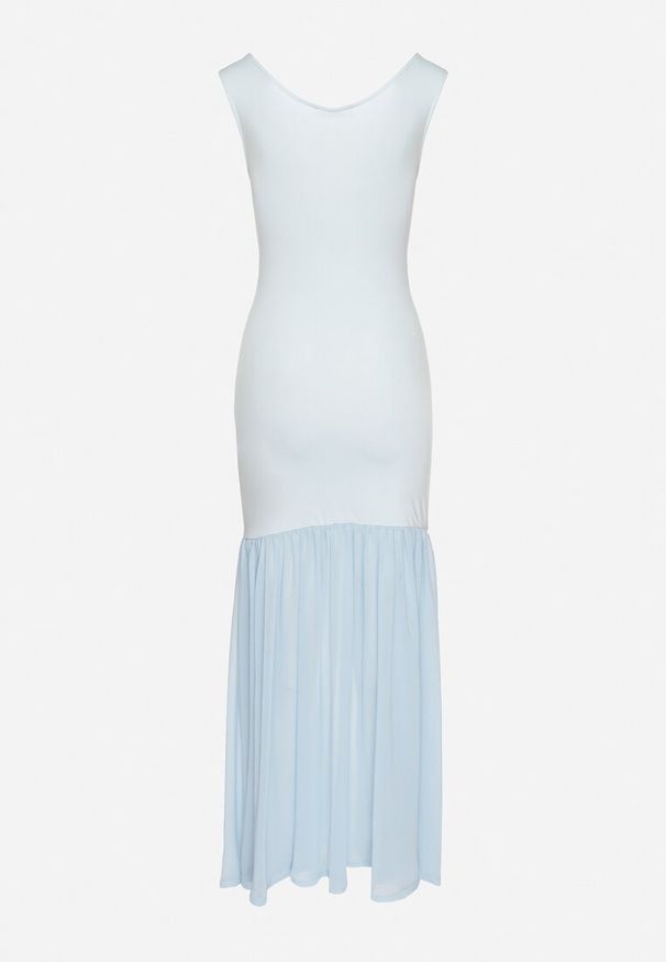 Born2be - Niebieska Koktajlowa Sukienka z Wiskozą Ozdobiona Marszczeniem Galapina. Okazja: na imprezę. Kolor: niebieski. Materiał: wiskoza. Wzór: aplikacja. Styl: wizytowy