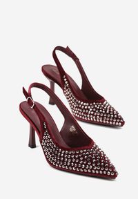 Renee - Bordowe Szpilki Slingback Ozdobione Cyrkoniami Benikke. Zapięcie: sprzączka. Kolor: czerwony. Wzór: aplikacja. Obcas: na szpilce. Styl: klasyczny, elegancki #5
