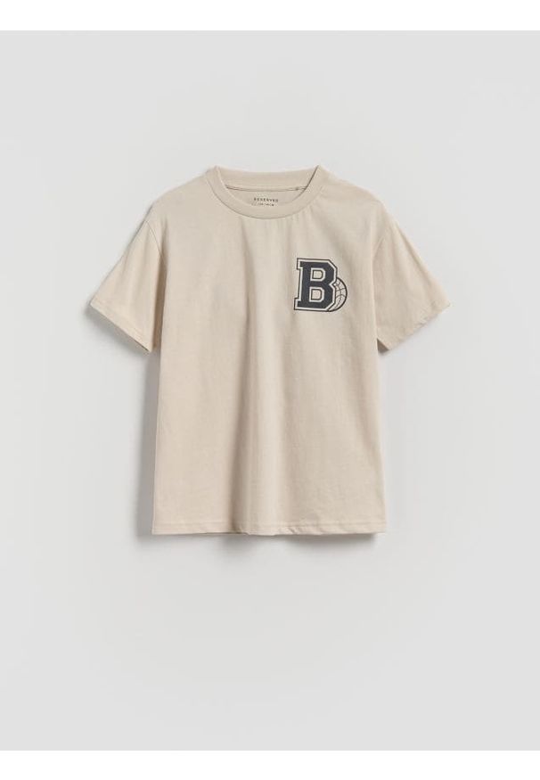 Reserved - Bawełniany t-shirt z nadrukiem - kremowy. Kolor: kremowy. Materiał: bawełna. Wzór: nadruk