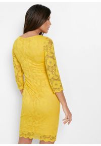 Sukienka koronkowa shape z ozdobnym marszczeniem bonprix żółty kanarkowy. Kolor: żółty. Materiał: koronka #6