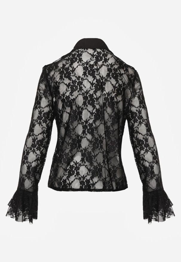Born2be - Czarna Koszula Koronkowa z Wiskozy z Bawełną Ozdobiona Falbanami Hermerine. Kolor: czarny. Materiał: wiskoza, bawełna, koronka. Wzór: aplikacja. Styl: elegancki, klasyczny