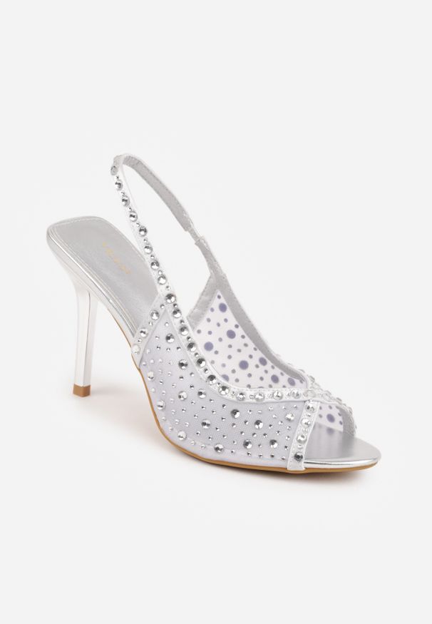 Renee - Srebrne Siateczkowe Sandały na Szpilce VICES Ozdobione Cyroniami Amamenis. Nosek buta: otwarty. Kolor: srebrny. Materiał: skóra, materiał. Wzór: aplikacja. Sezon: lato. Obcas: na szpilce. Wysokość obcasa: średni