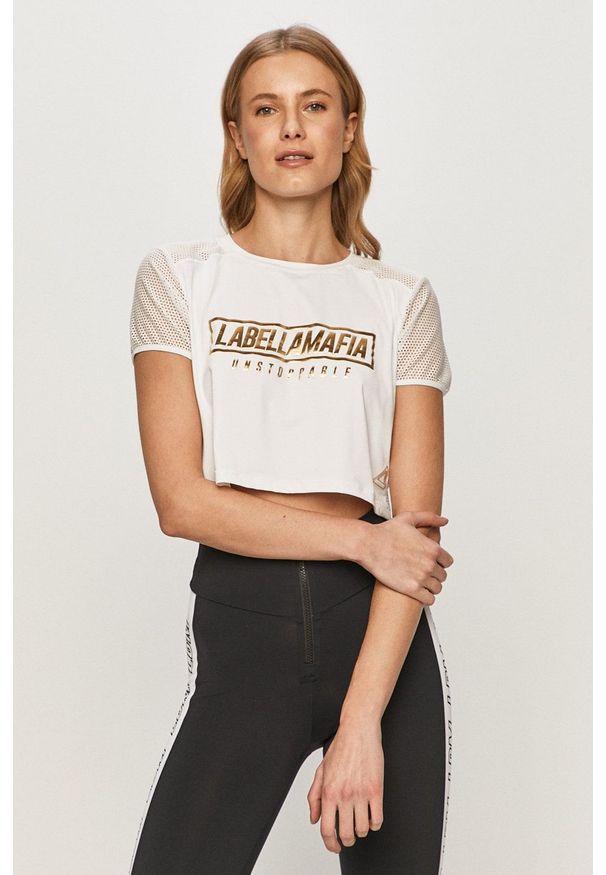 LABELLAMAFIA - LaBellaMafia - T-shirt. Okazja: na co dzień. Kolor: biały. Materiał: dzianina. Wzór: nadruk. Styl: casual