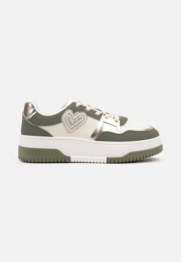 Renee - Zielone Sneakersy z Brokatową Naszywką w Kształcie Serca Avioneria. Okazja: na co dzień. Kolor: beżowy. Materiał: jeans. Wzór: aplikacja