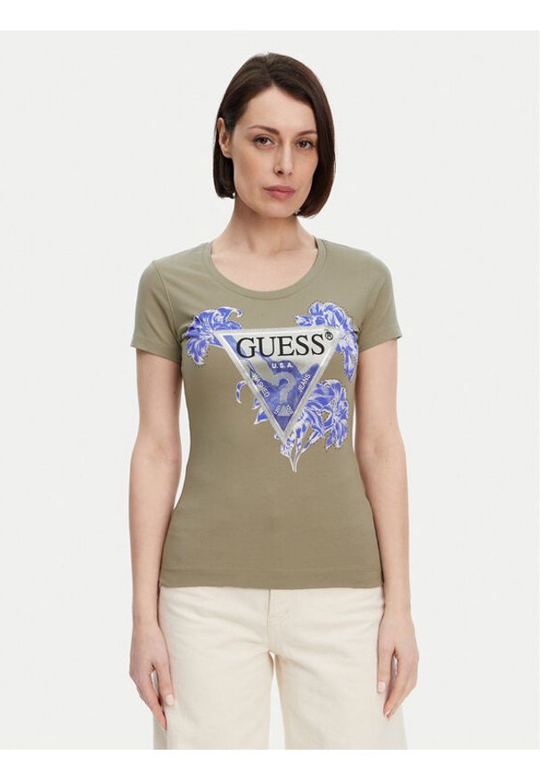 Guess T-Shirt W5GI08 J1314 Khaki Slim Fit. Kolor: brązowy. Materiał: bawełna