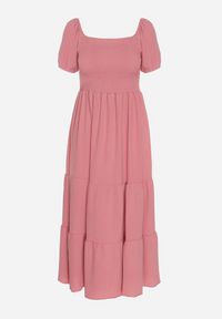 Born2be - Ciemnoróżowa Rozkloszowana Sukienka z Dekoltem Typu Hiszpanka z Marszczeniem Lumorice. Okazja: na co dzień. Typ kołnierza: dekolt hiszpanka. Kolor: różowy. Styl: casual, elegancki #3