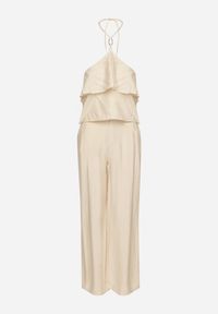 Born2be - Beżowy Komplet z Wiskozą Bluzka z Falbanką i Metaliczną Ozdobą oraz Spodnie Dolariela. Kolor: beżowy. Materiał: wiskoza. Wzór: aplikacja #5