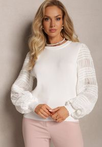 Renee - Biała Prążkowana Bluzka z Transparentnymi Bufiastymi Rękawami Glikora. Kolor: biały. Materiał: prążkowany #5