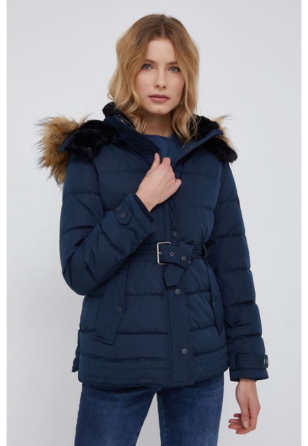 Pepe Jeans Kurtka puchowa damska kolor granatowy zimowa. Okazja: na co dzień. Kolor: niebieski. Materiał: puch. Wzór: gładki. Sezon: zima. Styl: casual