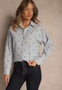 Renee - Niebieska Koszula z Bawełny w Serduszka i Drobne Paseczki Fenimalla. Okazja: na randkę. Kolor: niebieski. Materiał: bawełna. Styl: elegancki, klasyczny