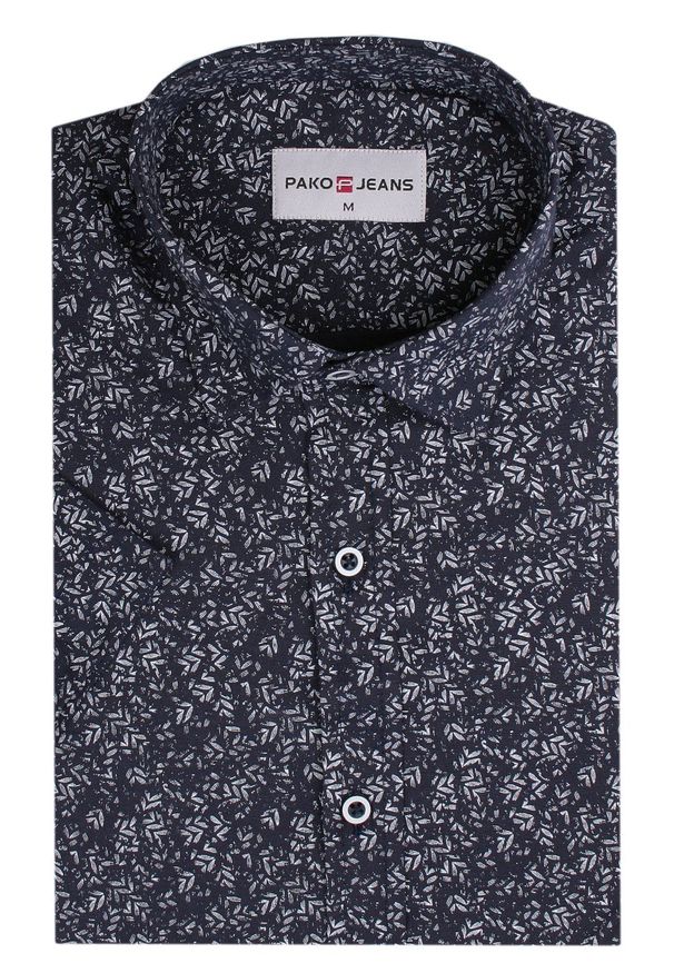 Męska Koszula Typu Casual (Weekendowa) - Pako Jeans - Granatowa, Drobne Listki. Okazja: na co dzień. Kolor: niebieski. Materiał: bawełna. Wzór: kwiaty. Styl: casual