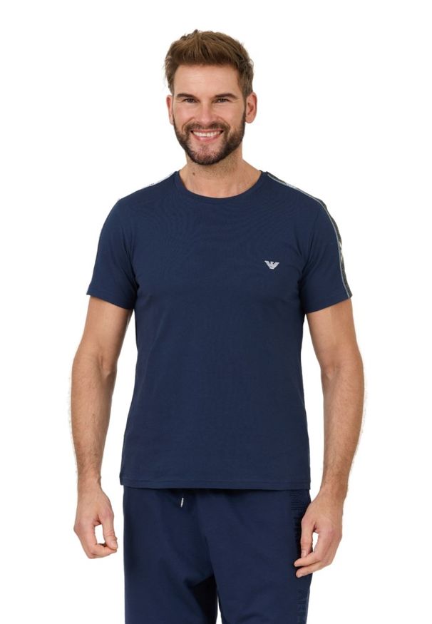Emporio Armani - EMPORIO ARMANI Granatowy męski t-shirt bande logo, Rozmiar L. Kolor: niebieski