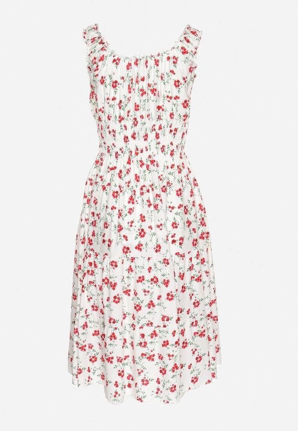 Born2be - Biało-Czerwona Sukienka Rozkloszowana na Ramiączkach w Kwiaty Tallio. Okazja: na co dzień, na spacer, na imprezę. Typ kołnierza: dekolt kwadratowy. Kolor: biały. Materiał: jeans. Długość rękawa: na ramiączkach. Wzór: kwiaty. Typ sukienki: rozkloszowane, proste. Styl: klasyczny, casual