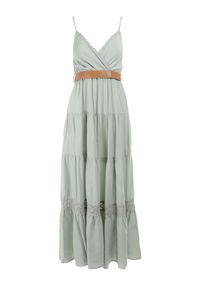 Born2be - Miętowa Sukienka z Paskiem Maerea. Typ kołnierza: dekolt kopertowy. Kolor: miętowy. Wzór: gładki. Typ sukienki: kopertowe, rozkloszowane. Materiał: koronka. Długość rękawa: na ramiączkach. Sezon: lato. Styl: boho. Długość: maxi #4