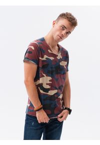 Ombre Clothing - T-shirt męski bawełniany V-NECK - niebieski-camo V3 S1616 - XL. Kolor: niebieski. Materiał: bawełna #1