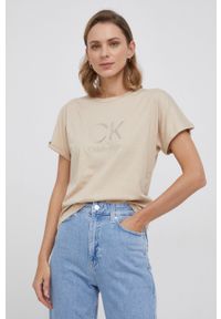 Calvin Klein T-shirt bawełniany kolor beżowy. Okazja: na co dzień. Kolor: beżowy. Materiał: bawełna. Wzór: haft. Styl: casual