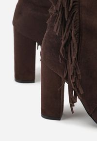 Renee - Brązowe Botki Kowbojki na Słupku z Frędzlami Reisetia. Kolor: brązowy. Materiał: jeans. Obcas: na słupku. Styl: elegancki #4
