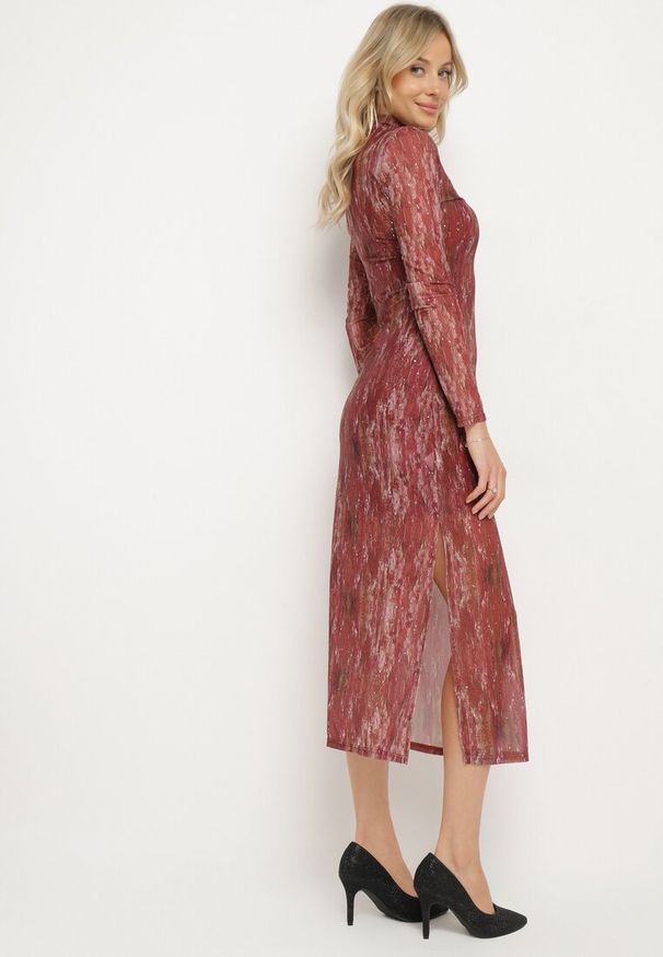 Born2be - Bordowa Transparentna Sukienka z Wiskozą Półgolfem i Halką Vertilena. Okazja: na co dzień. Kolor: czerwony. Materiał: wiskoza. Typ sukienki: dopasowane. Styl: elegancki, casual, wizytowy
