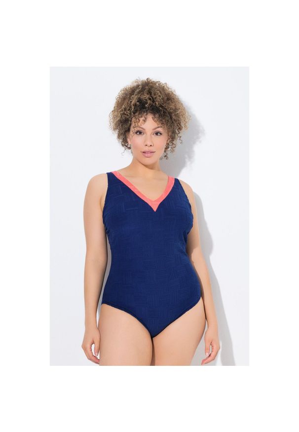 ULLA POPKEN - Damski Strój kąpielowy struktura bez miękkich miseczek dekolt w serek. Kolekcja: plus size. Kolor: niebieski. Materiał: poliester, materiał, elastan