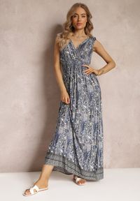 Renee - Niebiesko-Granatowa Wiskozowa Sukienka Maxi o Wzorze Paisley z Cienkimi Gumkami w Talii Trueth. Kolor: niebieski. Materiał: wiskoza. Wzór: paisley. Sezon: lato, wiosna. Długość: maxi #7