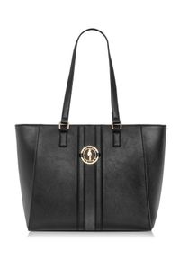 Ochnik - Torebka damska z lampasami i logo. Kolor: czarny. Wzór: aplikacja. Materiał: skórzane. Rodzaj torebki: na ramię #1