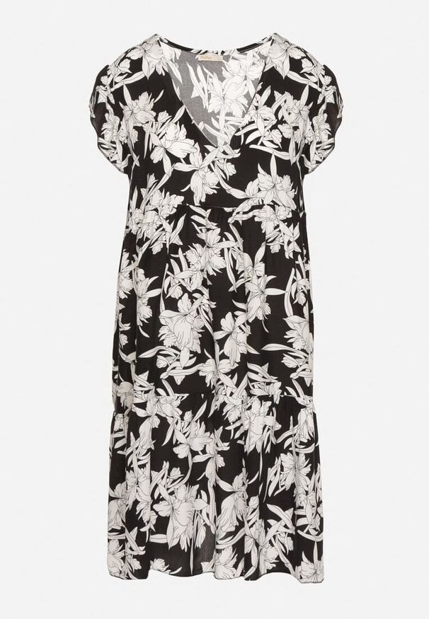 Born2be - Czarna Bawełniana Sukienka o Rozkloszowanym Kroju w Kwiaty Libella. Okazja: na co dzień, do pracy. Kolor: czarny. Materiał: bawełna. Wzór: kwiaty. Typ sukienki: rozkloszowane, proste. Styl: casual, elegancki