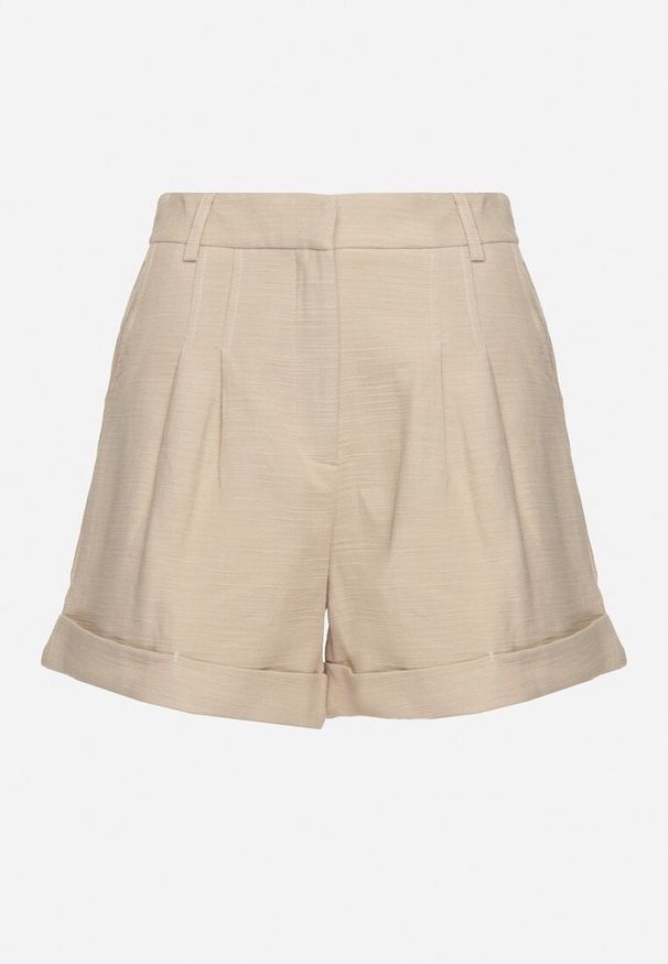 Born2be - Beżowe Bawełniane Szorty Typu Bermudy z Wysokim Stanem Gerefia. Stan: podwyższony. Kolor: beżowy. Materiał: bawełna. Wzór: aplikacja. Styl: klasyczny