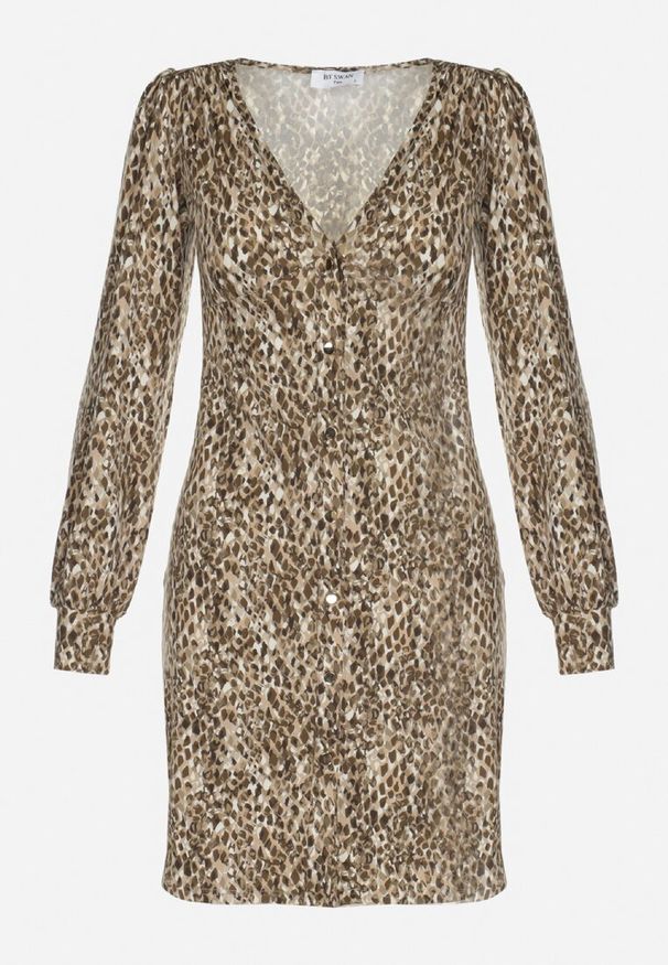 Born2be - Beżowa Sukienka Mini z Guzikami i Długimi Rękawami z Mankietami Cynandia. Okazja: na co dzień. Kolor: beżowy. Materiał: tkanina. Długość rękawa: długi rękaw. Typ sukienki: koszulowe, proste. Styl: casual. Długość: mini