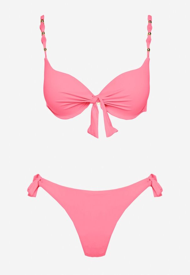 Renee - Różowe Bikini Majtki i Biustonosz z Wiązaniem Sadeenne. Kolor: różowy. Wzór: aplikacja