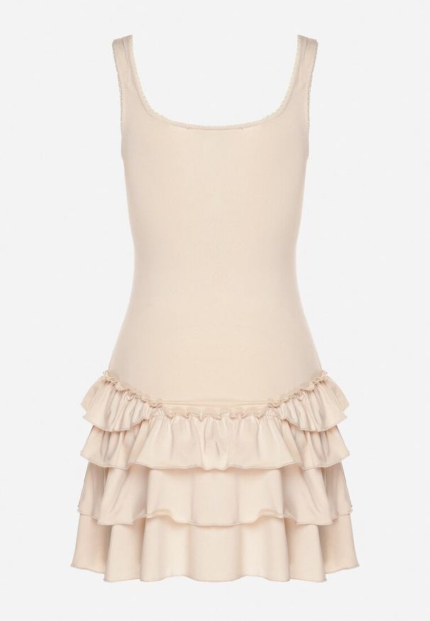 Born2be - Beżowa Sukienka z Wiskozą Ozdobiona Falbankami Ovinia. Okazja: na co dzień. Typ kołnierza: kołnierz z falbankami. Kolor: beżowy. Materiał: wiskoza. Długość rękawa: na ramiączkach. Wzór: aplikacja. Styl: casual