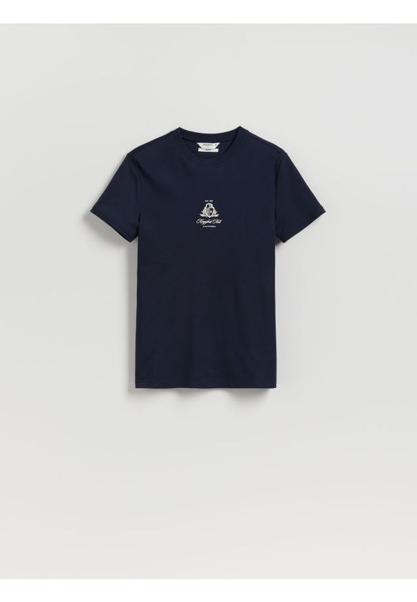 Reserved - Bawełniany t-shirt slim fit - granatowy. Kolor: niebieski. Materiał: bawełna