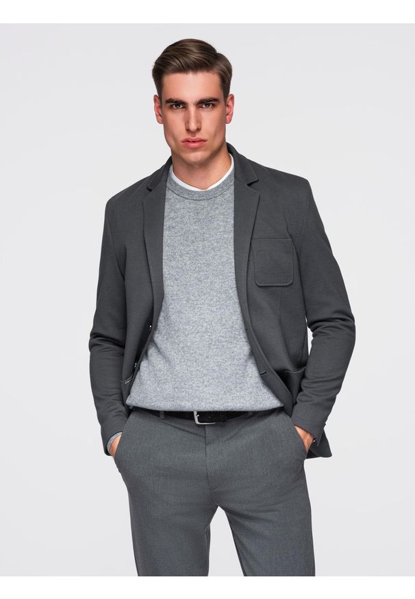 Ombre Clothing - Męska marynarka SLIM z dzianiny o subtelnej strukturze – grafitowa V1. Okazja: do pracy. Kolor: szary. Materiał: dzianina. Wzór: kolorowy. Styl: klasyczny