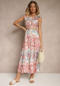 Renee - Różowa Sukienka Rozkloszowana Wiskozowa Wiązana na Plecach we Wzór Boho Turieza. Okazja: na co dzień. Kolor: różowy. Materiał: wiskoza. Typ sukienki: proste. Styl: boho #4