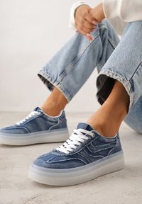 Born2be - Granatowe Sneakersy na Grubej Podeszwie Ozdobione Denimem Eriphithea. Okazja: na co dzień. Kolor: niebieski. Materiał: denim. Wzór: aplikacja #4