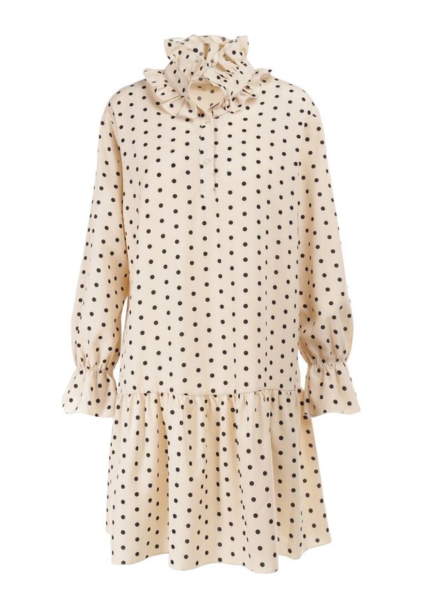 Born2be - Jasnobeżowa Sukienka Nikathe. Typ kołnierza: kołnierzyk stójkowy. Kolor: beżowy. Materiał: tkanina. Wzór: aplikacja, grochy. Długość: mini