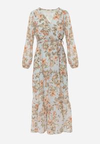 Born2be - Miętowa Rozkloszowana Sukienka w Kwiaty Maxi z Gumką i Wiązaniem w Pasie Manirisa. Kolor: miętowy. Materiał: materiał. Długość rękawa: długi rękaw. Wzór: kwiaty. Typ sukienki: kopertowe. Długość: maxi #4