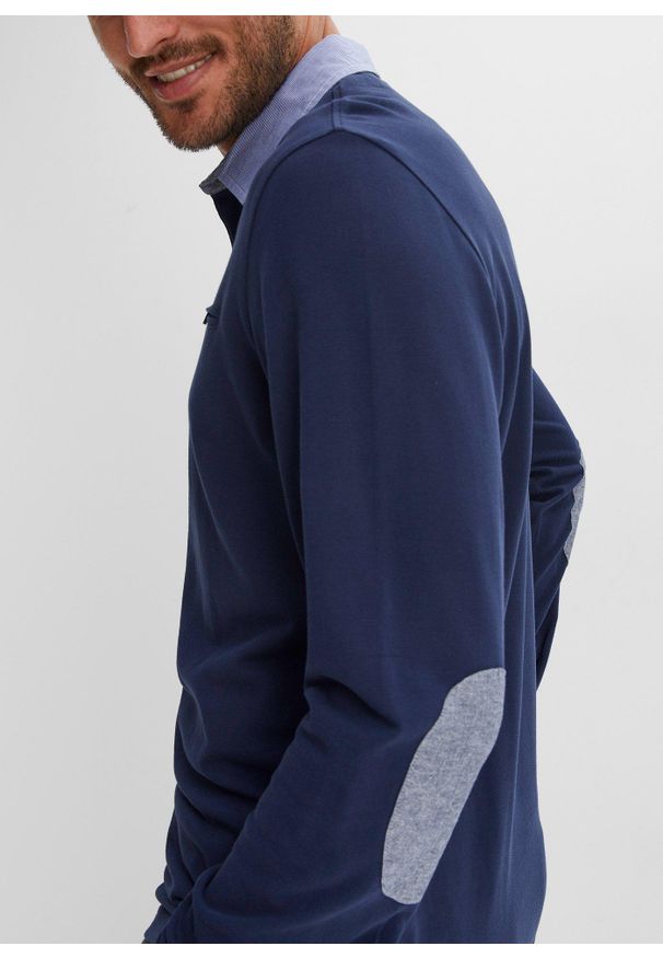 bonprix - Shirt polo z bawełny pique, długi rękaw. Typ kołnierza: polo. Kolor: niebieski. Materiał: bawełna. Długość rękawa: długi rękaw. Długość: długie. Wzór: aplikacja