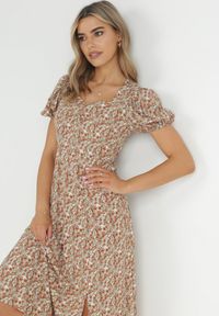 Born2be - Beżowo-Zielona Sukienka Midi z Gumką w Pasie i Rozcięciem Kaylanii. Kolor: beżowy. Materiał: tkanina, bawełna. Sezon: wiosna, lato. Długość: midi #4