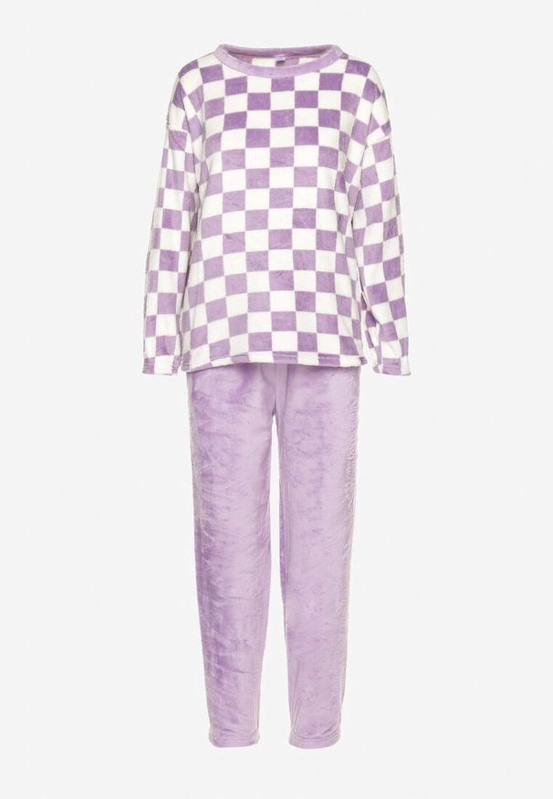 Born2be - Fioletowy Komplet Piżamowy Bluzka w Motywem Szachownicy i Spodnie z Gumką w Pasie Aeloma. Kolor: fioletowy. Materiał: jeans. Długość: długie. Wzór: aplikacja