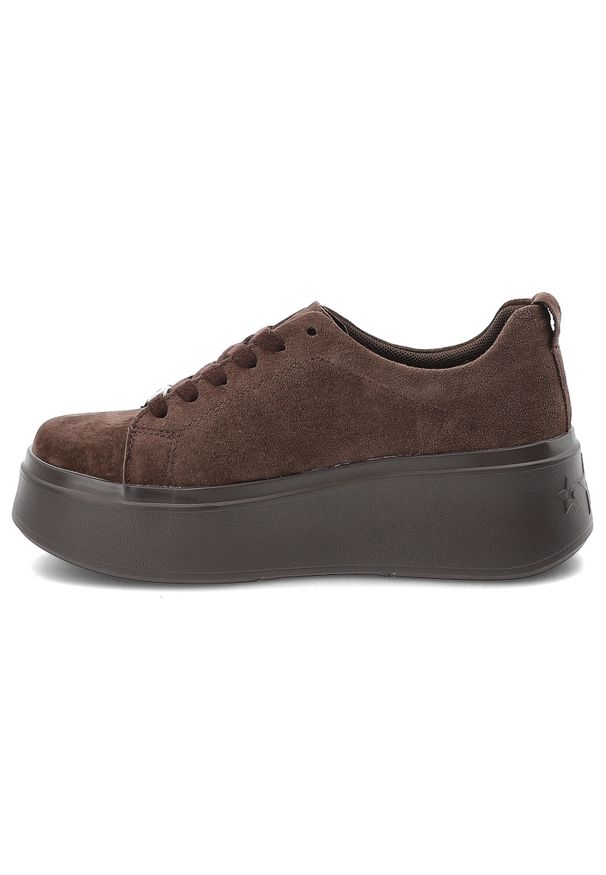 Sneakersy damskie Filippo, cholewka ze skóry naturalnej zamszowej z zabudowanym przodem klasyczne wiązanie na grubej platformowej podeszwie, brązowe,. Okazja: na spacer, na co dzień. Zapięcie: sznurówki. Kolor: brązowy. Materiał: zamsz, skóra. Szerokość cholewki: normalna. Wzór: aplikacja. Styl: klasyczny