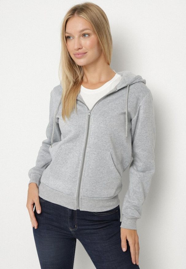 Born2be - Szara Rozpinana Bluza z Kapturem Bawełną i Sznurkami Viltara. Okazja: na co dzień. Typ kołnierza: kaptur. Kolor: szary. Materiał: bawełna. Styl: casual