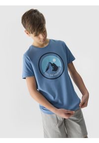 4f - T-shirt z bawełny organicznej z nadrukiem chłopięcy - niebieski. Okazja: na co dzień. Kolor: niebieski. Materiał: bawełna. Wzór: nadruk. Sezon: lato. Styl: sportowy, casual, klasyczny