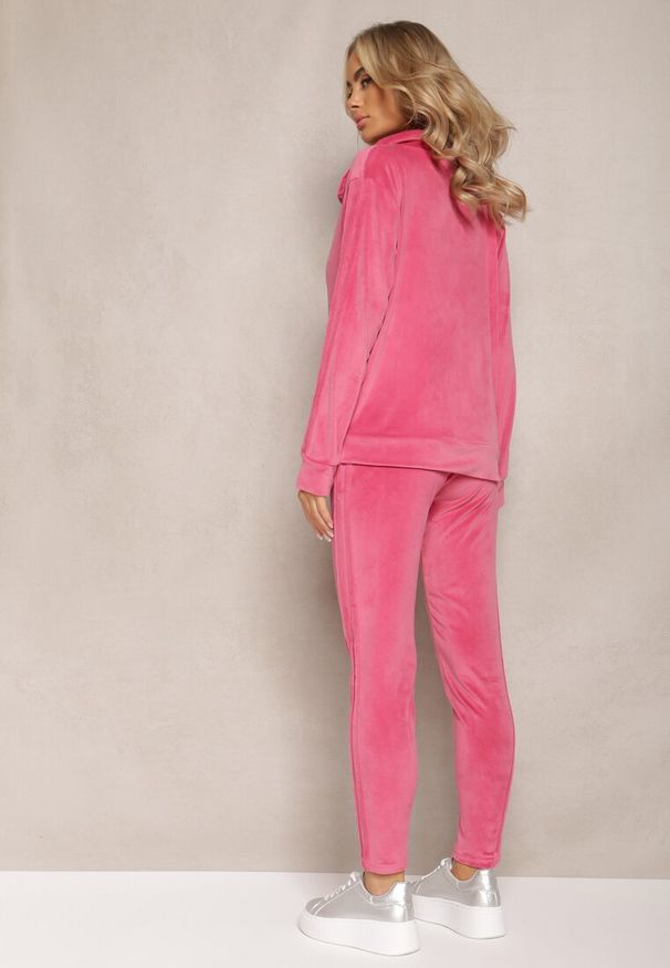 Renee - Fuksjowy Komplet z Weluru Bluza i Spodnie Dresowe z Lampasami Blivia. Kolor: różowy. Materiał: dresówka, welur