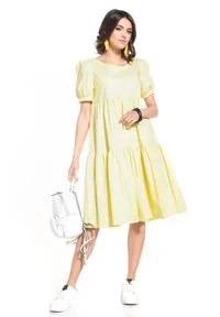 Tessita - Zwiewna Midi Sukienka - Żółta. Kolor: żółty. Materiał: bawełna. Długość: midi