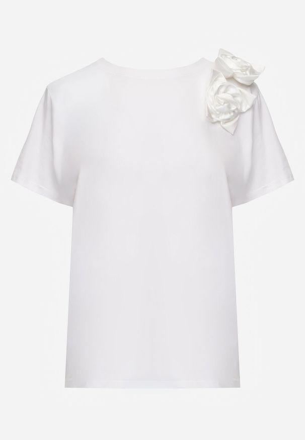 Born2be - Biały Klasyczny T-shirt z Bawełny Zdobiony Aplikacją 3D w Kształcie Kwiatów Noebel. Okazja: na co dzień. Kolor: biały. Materiał: bawełna. Wzór: aplikacja, kwiaty. Styl: klasyczny
