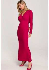 Makover - Długa wieczorowa sukienka rybka z bufiastymi rękawami śliwkowa. Okazja: na wesele, na ślub cywilny, na imprezę. Styl: wizytowy. Długość: maxi #1