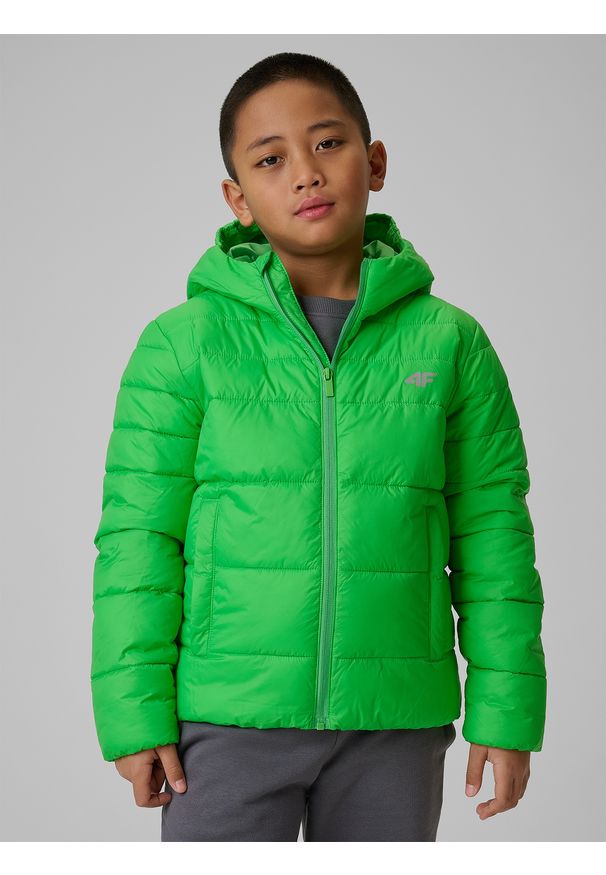 4f - 4F Kurtka z wypełnieniem syntetycznym chłopięca - zielona 146 (10-11 lat). Okazja: na spacer, na co dzień, na uczelnię. Kolor: zielony. Materiał: syntetyk. Wzór: gładki. Sezon: lato. Styl: casual