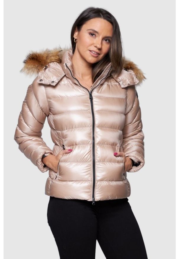 Hetrego - HETREGO Beżowa damska puchowa kurtka Holly z odczepianym kapturem, Rozmiar 40 EU - 44 IT. Kolor: beżowy. Materiał: puch