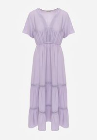 Born2be - Fioletowa Sukienka Maxi z Gumką w Pasie i Koronkowymi Wstawkami Anandia. Kolor: fioletowy. Materiał: koronka. Wzór: aplikacja. Długość: maxi #6